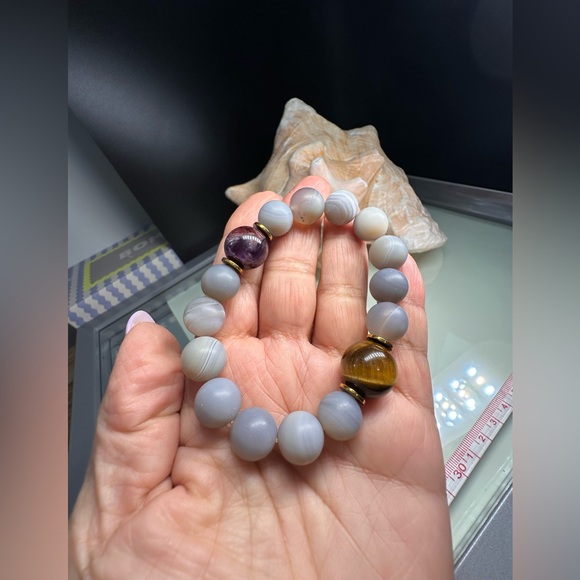 AGATE BANDED + TIGERS EYE + SUPER SEVEN  STONES BRACELET Size 7” - Picture 7 of 12